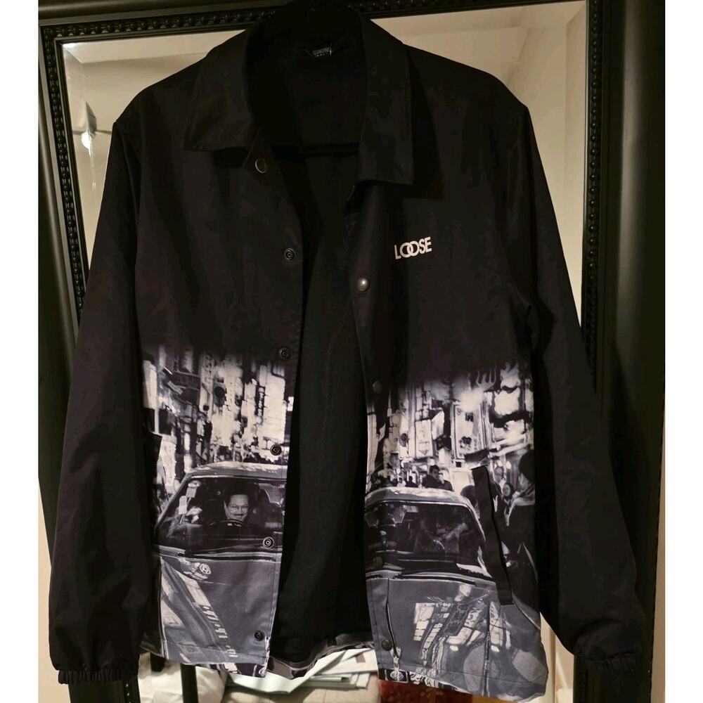 LOOSE Brand Jacket Mens SM Black Graphic Print Bomber Streetwear Japanese Urban